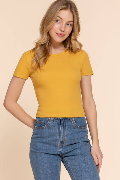 Short Sleeve Crew Neck Cotton Rib Knit Top