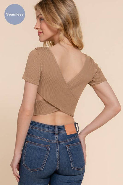 Short Sleeve Cross-Back Seamless Crop Top