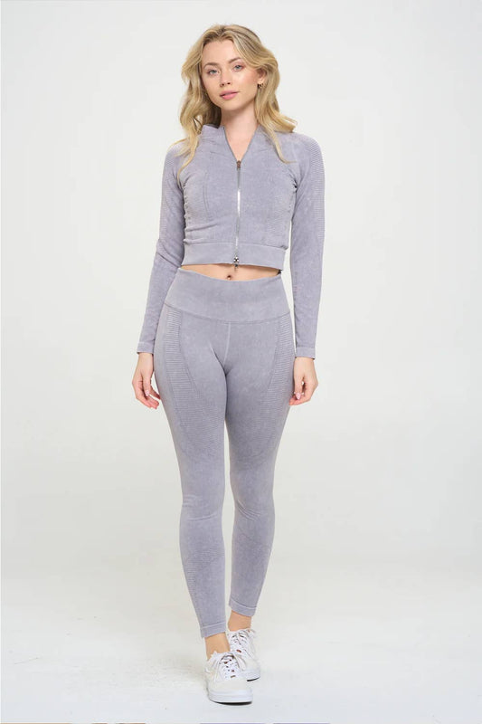 Premium Mineral Washed Seamless Crop Jacket with Legging Set