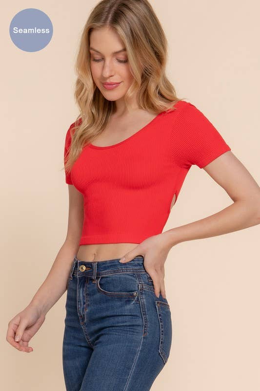 Short Sleeve Cross-Back Seamless Crop Top