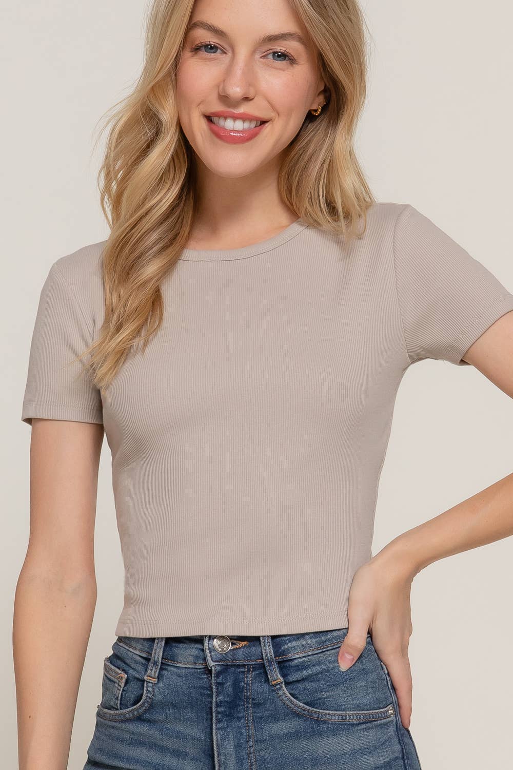 Short Sleeve Crew Neck Cotton Rib Knit Top