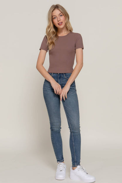 Short Sleeve Crew Neck Cotton Rib Knit Top