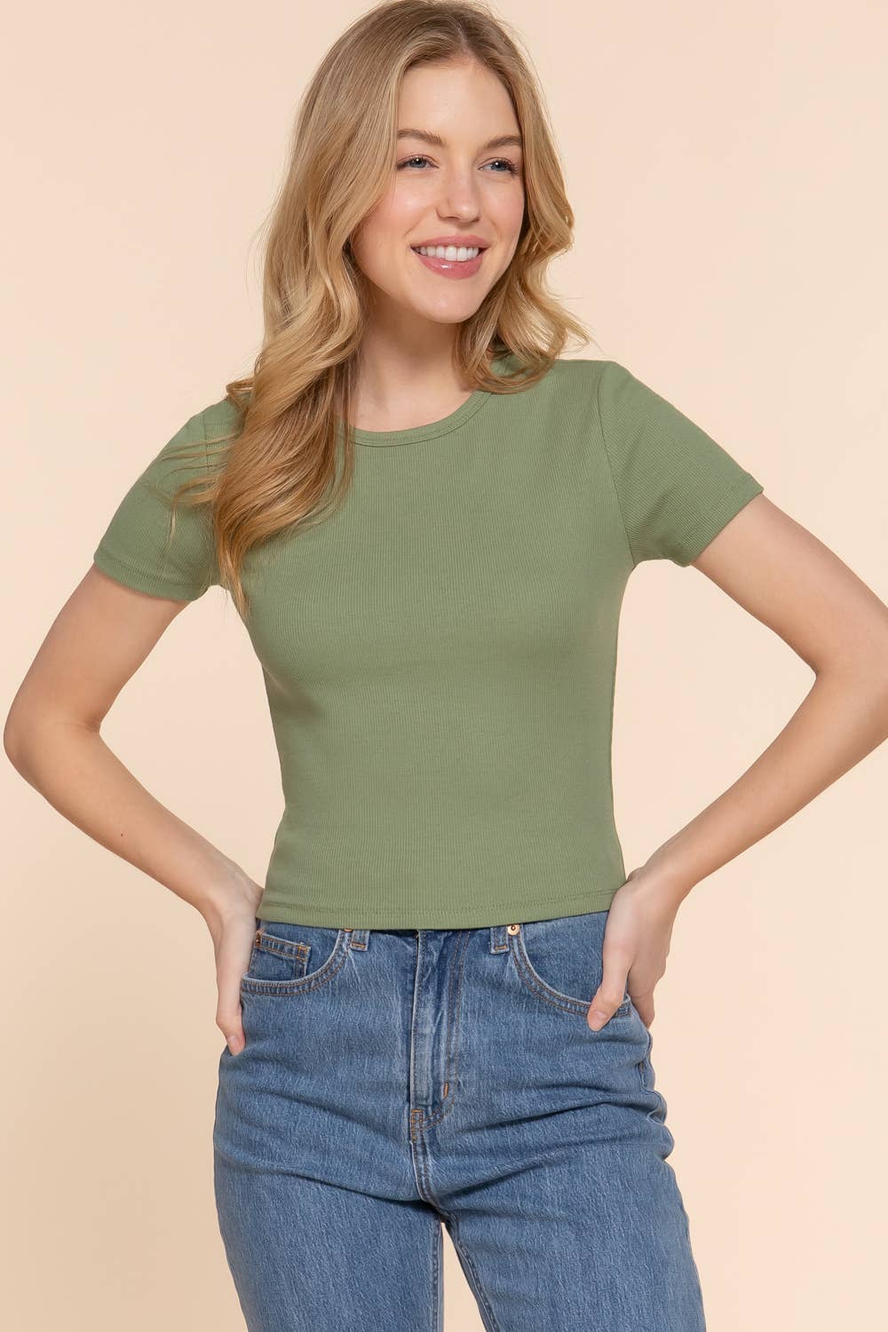 Short Sleeve Crew Neck Cotton Rib Knit Top